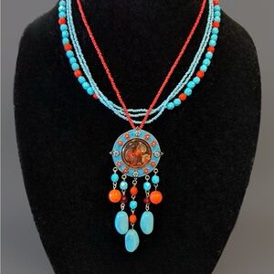 Boho Blue and Red Multi-Strand Necklace with Medallion